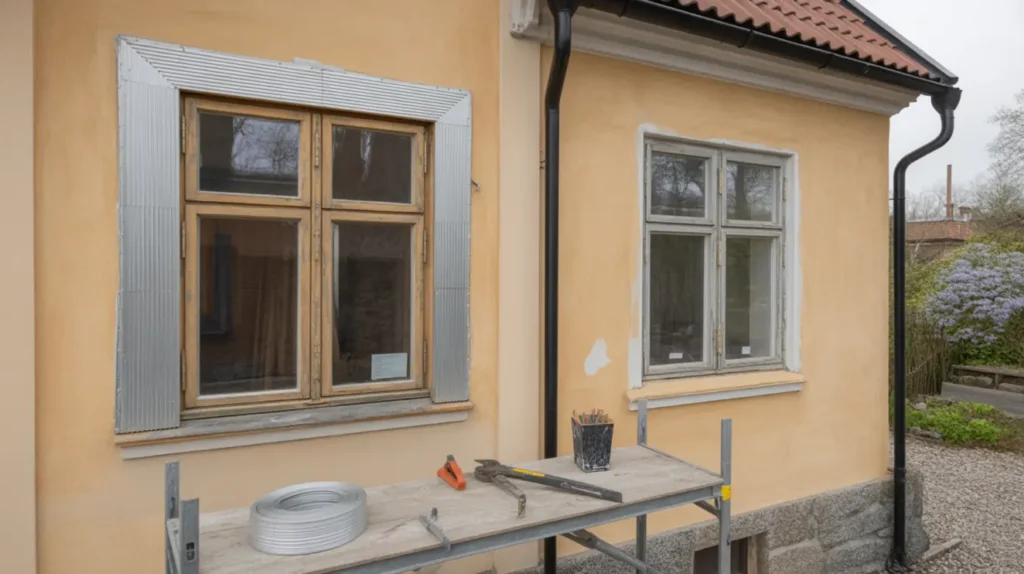montering av utanp liggande aluminiumbekl dnad p tr f nster i riksby rikst ckande